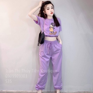 Set áo crop chun eo mickey+quần dài ống bo