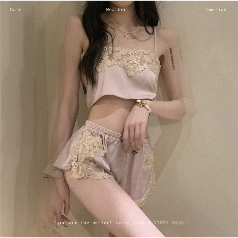 Bộ đồ ngủ hai món viền ren thêu họa tiết gợi cảm phong cách Phương Tây cho nữ (có bán lẻ)