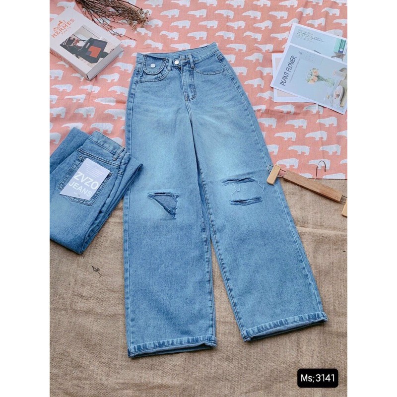 Baggy Jeans Ống Suông Túi Nắp Rách 3 Line