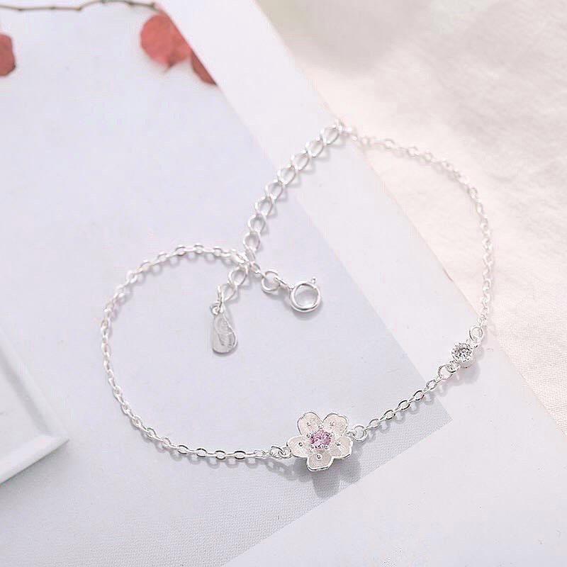 Lắc tay nữ bạc đẹp, vòng tay bạc hoa đào nhỏ xinh trang sức phong cách Hàn Quốc