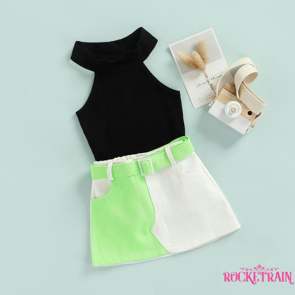 ✦Wb♡Set Áo Dệt Kim Không Tay Màu Trơn Phối Chân Váy Ngắn Kèm Thắt Lưng Sành Điệu Cho Nữ