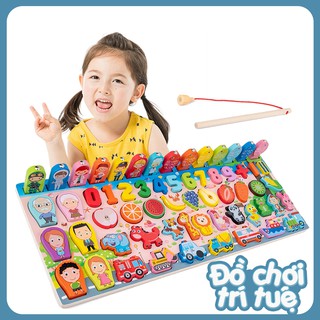 Đồ chơi trí tuệ bảng gỗ 63 chi tiết giúp bé học con số, câu cá và ghép hình cho trẻ tư duy, phát triển trí não