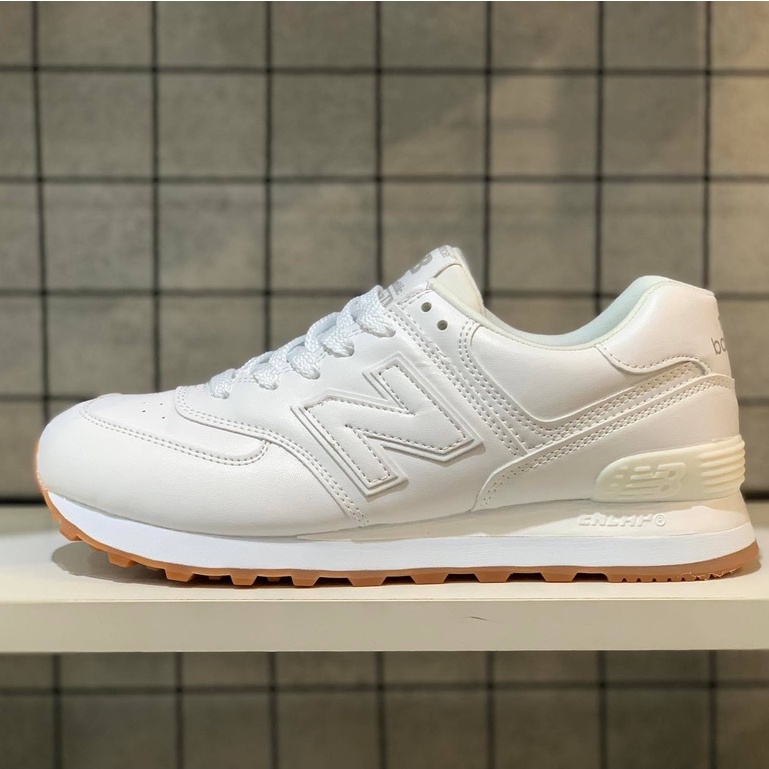 Giày Sneaker Nữ NB 574 Trắng Đế Nâu Da Trơn