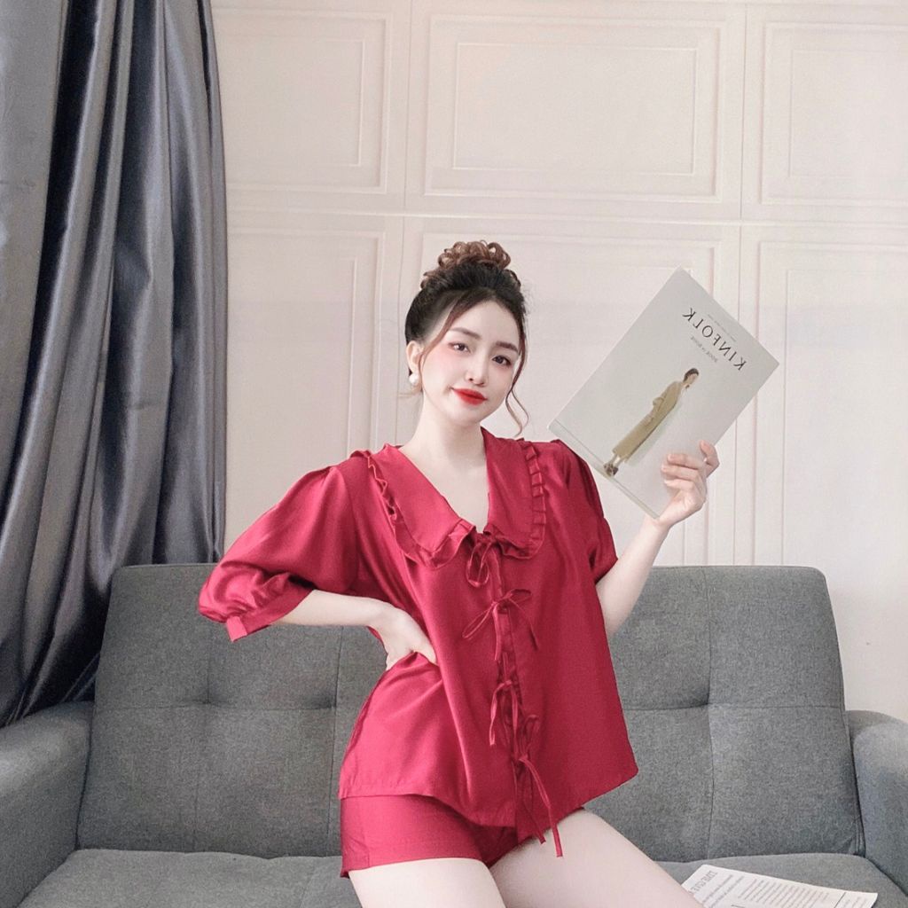 Đồ Bộ Tiểu Thư Mặc Nhà Chất Vải Satin Lụa Cao Cấp Cột Dây Nút - DOMIN | BigBuy360 - bigbuy360.vn