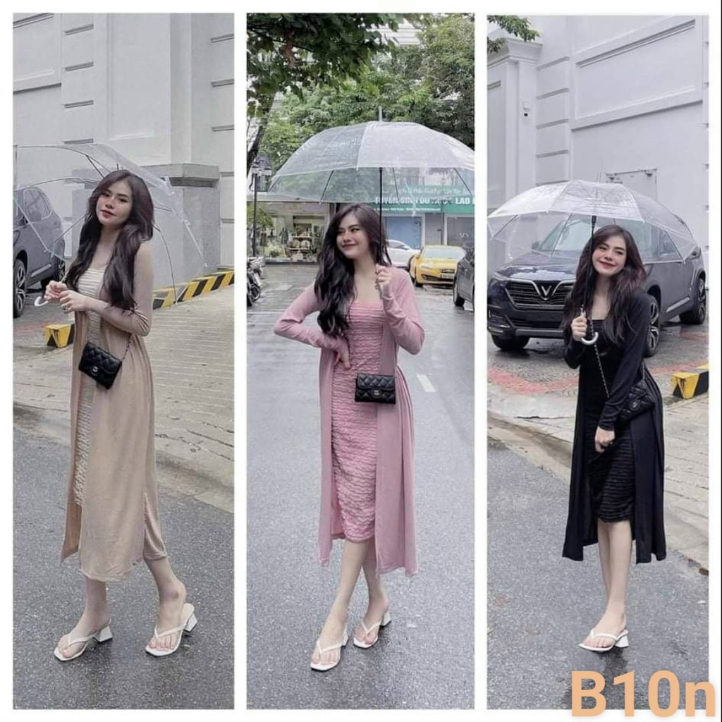 Set đầm ống xốp kèm áo khoác dáng dài