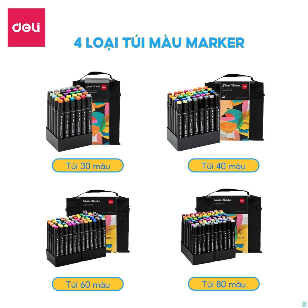 Bút màu dạ marker chuyên nghiệp chính hãng Deli kèm túi vải khay đựng họa cụ vẽ tranh cao cấp 30 / 40 / 60 / 80 màu .