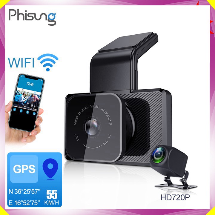 Camera hành trình ô tô cao cấp Phisung tích hợp camera sau Wifi GPS - Mã K10 - Hàng Nhập Khẩu Chính Hãng