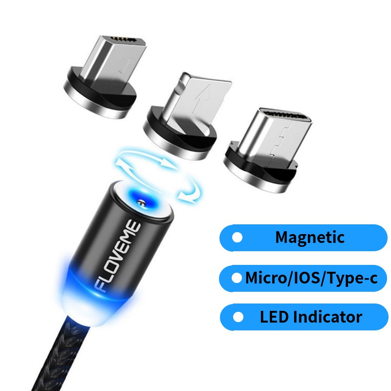 Cáp sạc từ tính cổng Lightning / micro USB / Type C xoay 360 độ thiết kế bọc dây dù tích hợp đèn LED cao cấp