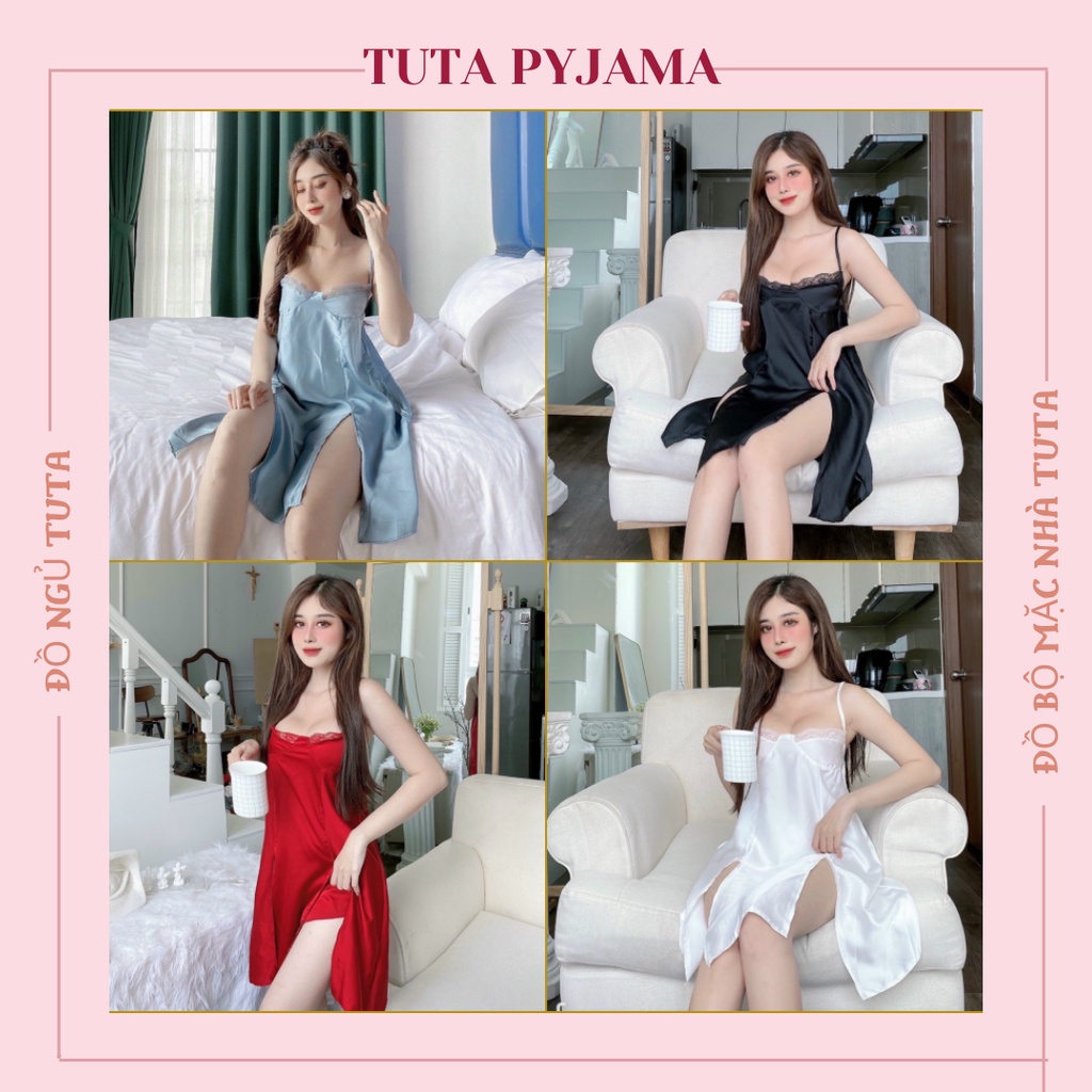 Váy ngủ nữ 2 dây sexy TUTA chất lụa satin cao cấp mềm mượt thoáng mát (Tặng kèm quần ngủ lụa)- dn020