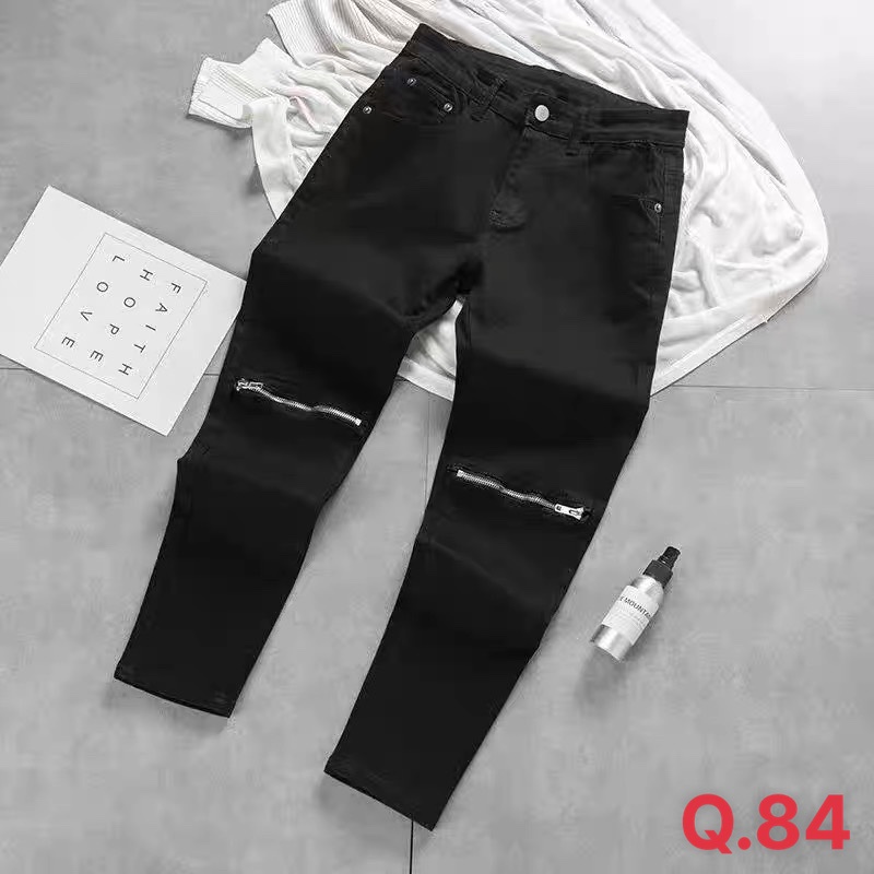 Quần jean nam rách gối màu đen chất bò cao cấp co dãn 4 chiều cực đẹp rin trơn from dáng skinny đẹp LEPHG MS50