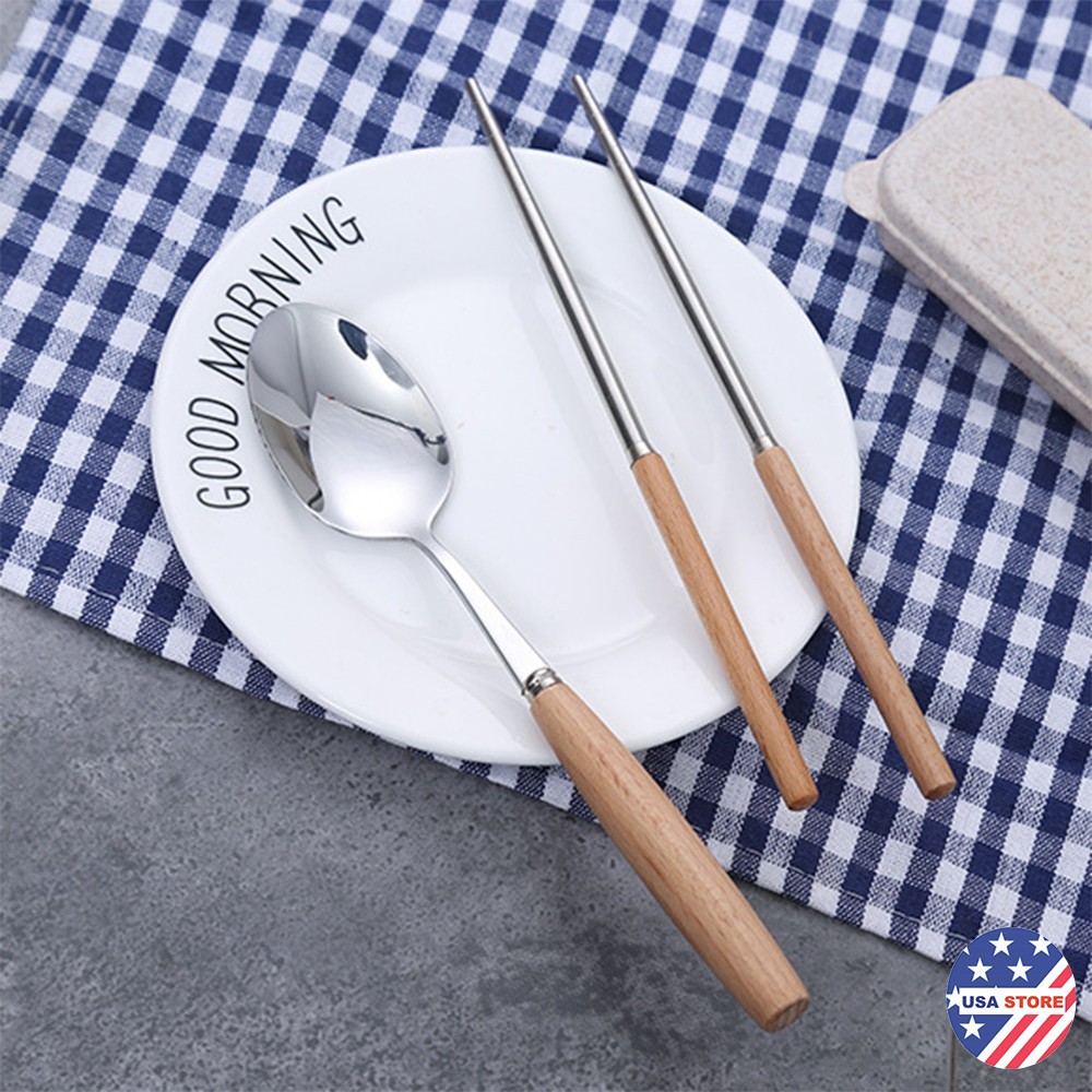 Set Đũa - Thìa Cá Nhân Ăn Cơm Trưa Văn Phòng Inox 304 Cán Gỗ T3 - Tặng Hộp Lúa Mạch Cao Cấp