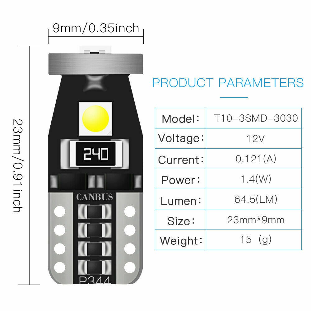 Đèn Led Chân T10 W5W 3SMD LED 194 168 3030 Lắp Đèn Biển Số Ô Tô, Đèn Nội Thất Canbus