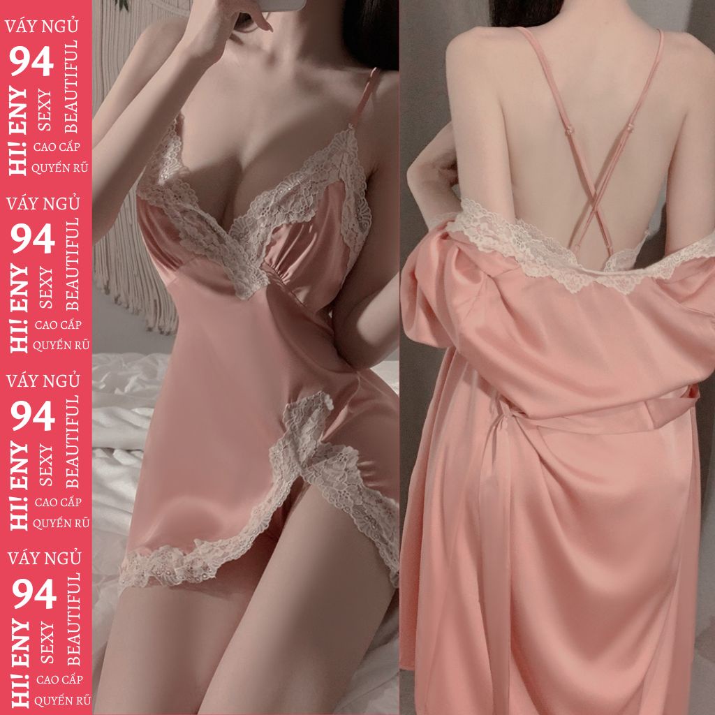 Váy ngủ lụa 2 dây Đầm ngủ sexy lụa satin xẻ đùi siêu quyến rũ + quần chíp M31