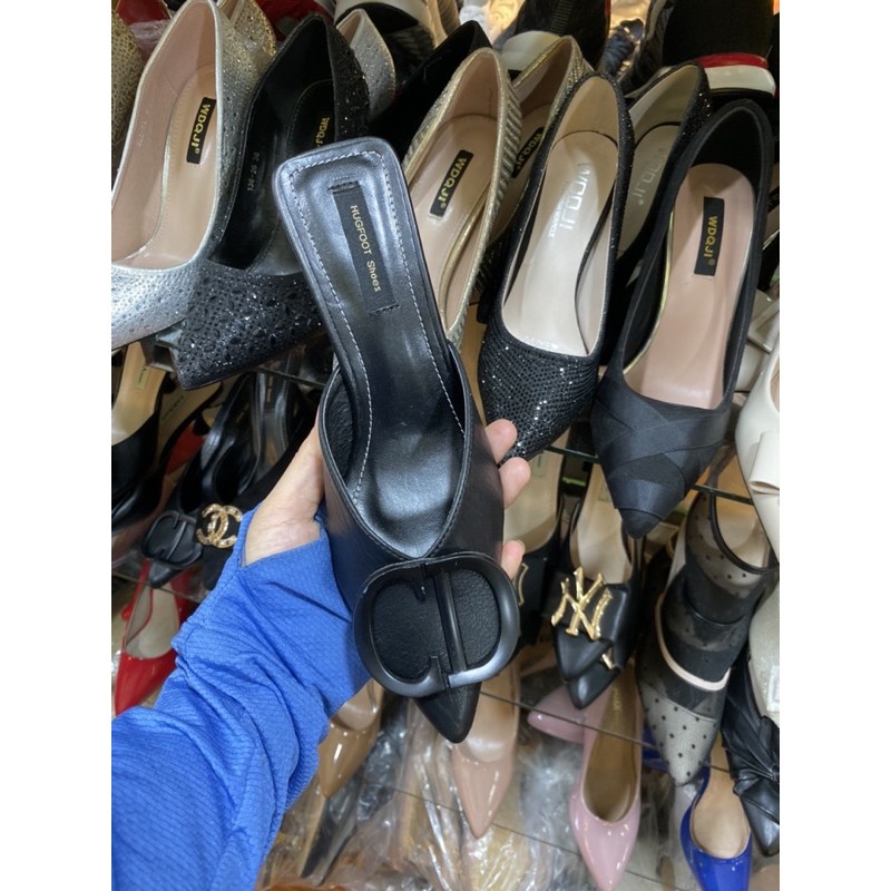 Sục cao gót da mềm nơ chữ mũi nhọn