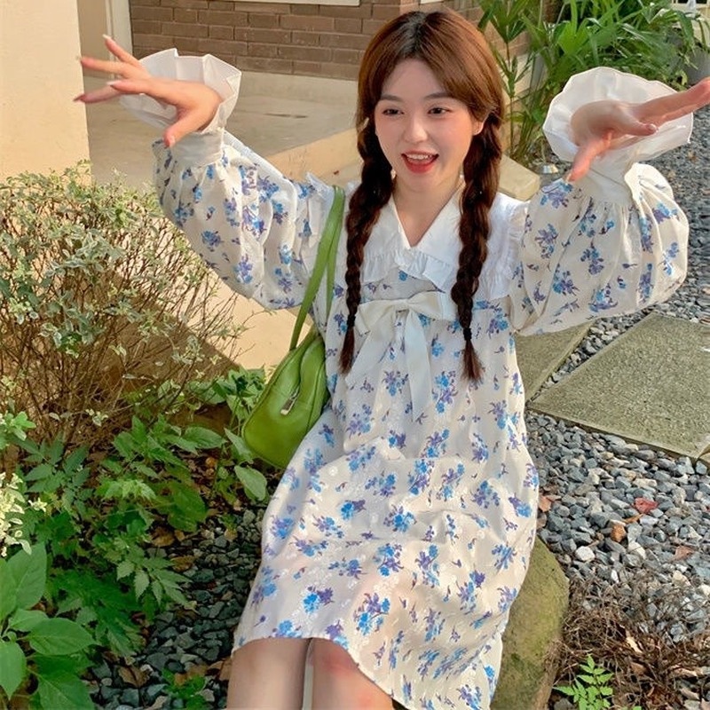 Đầm dài tay cổ búp bê thiết kế mới thời trang mùa thu theo phong cách hàn quốc