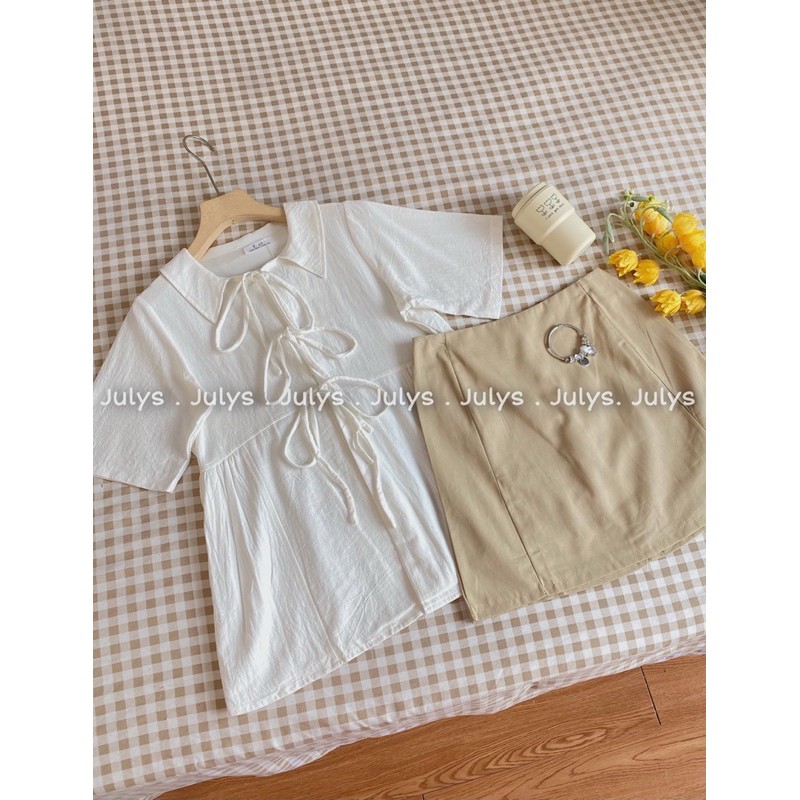 [Mã FAGREEN245 giảm 10% tối đa 30K đơn 99K] Set áo babydoll cổ 3 nơ và chân váy ngắn (ảnh thật shop chụp kèm video) | BigBuy360 - bigbuy360.vn