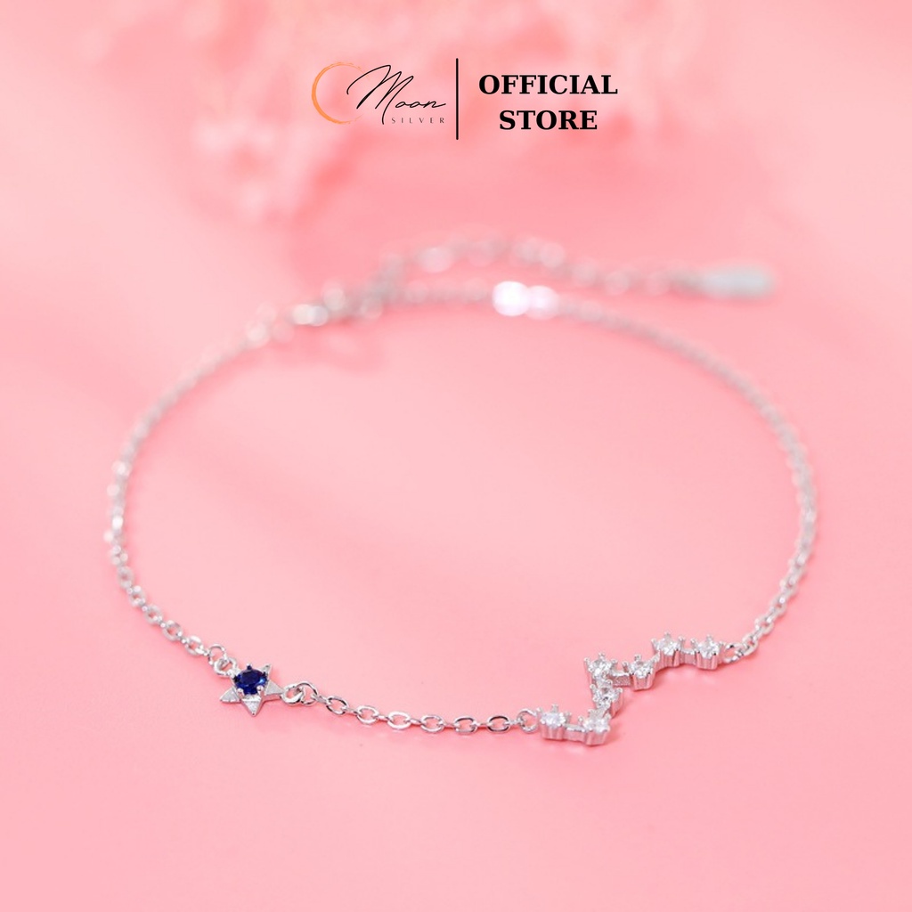 Lắc tay bạc nữ Bạc 925 sao 5 cánh đính đá xanh, Vòng tay nữ thiết kế mở dễ dàng chỉnh size Moon Silver MS303