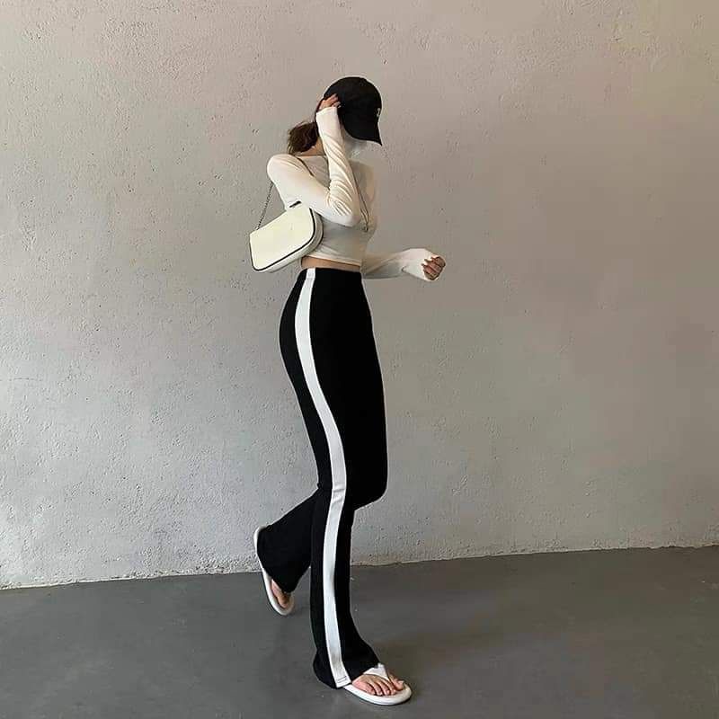 Quần Ống Loe Sọc Nữ Thun Legging Lưng Cao Siêu Hack Dáng Cá Tính