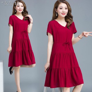 Mùa hè kiểu mới váy lụa cotton ngắn tay cỡ lớn của phụ nữ màu tinh khiết đi biển trung tính chữ A cổ V