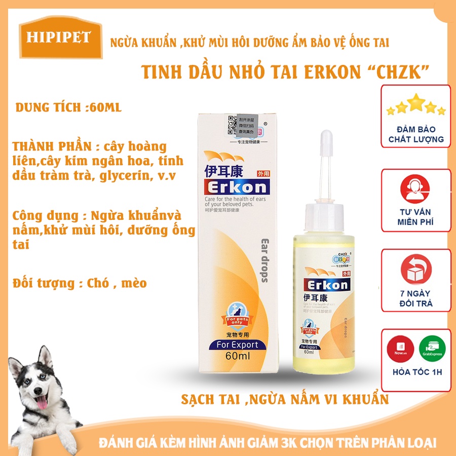 TINH DẦU NHỎ TAI CHO CHÓ MÈO ERKON RỬA TAI CÓ MÙI HÔI VÀ MÀNG TAI CHO CHÓ MÈO