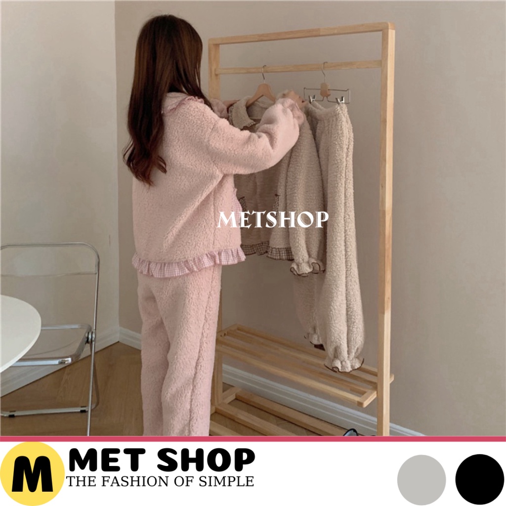 Đồ nữ ngủ mùa đông bộ đồ ngủ lông cừu phối viền caro ulzzang, sét bộ ngủ hàn quốc cổ sen khuy cài ấm áp- METSHOP