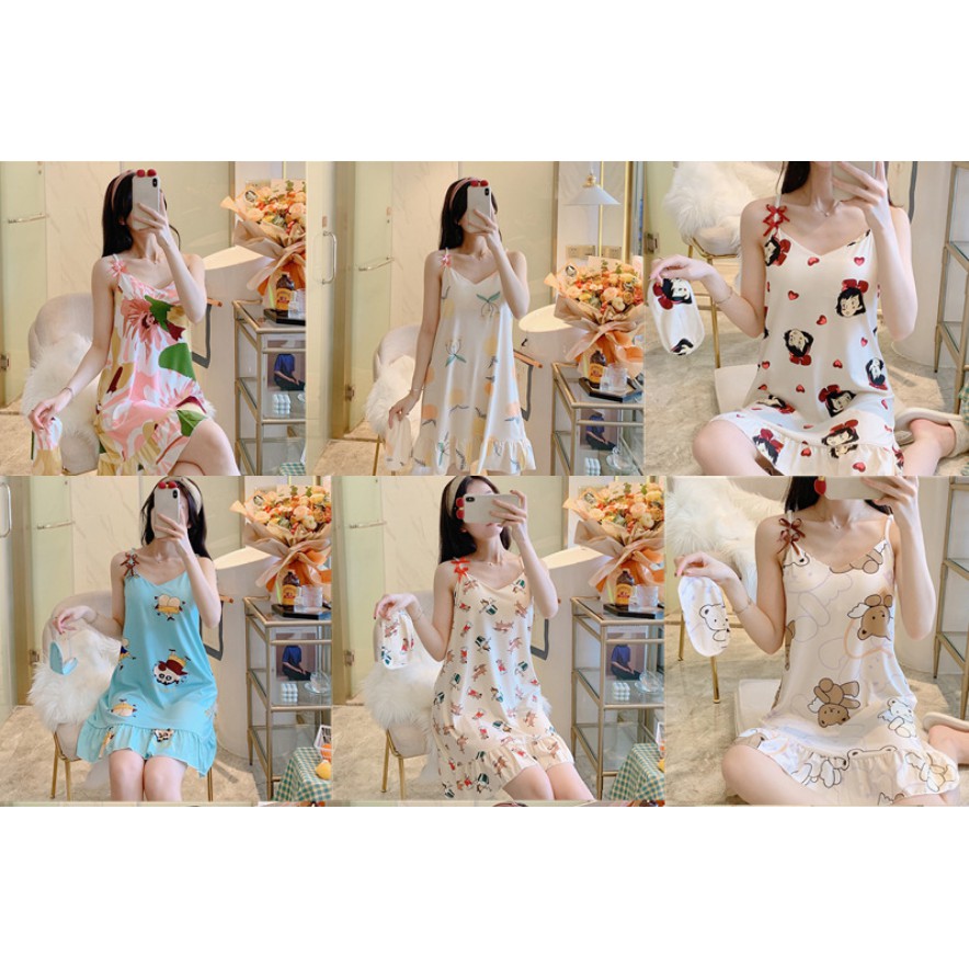 Váy ngủ 2 dây có đệm ngực mùa hè thun mềm mại dễ thương ( tặng kèm bịt mắt ) | BigBuy360 - bigbuy360.vn