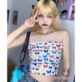 Áo Croptop Không Tay Hở Vai In Hình Bướm Thời Trang Cho Nữ