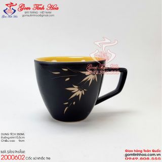 Cốc uống trà Lipton men đen lòng vàng khắc tre
