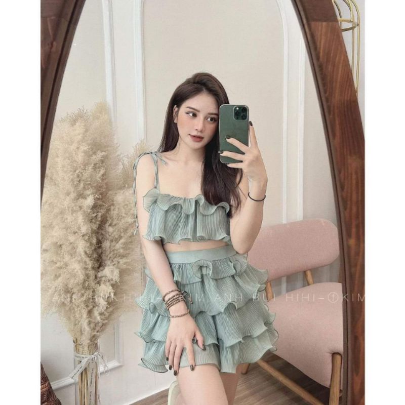 Sét áo 2 dây croptop dập ly bèo kèm chân váy tầng HOT