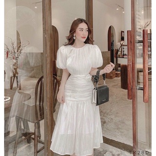 Đầm Nữ Váy Tay Phồng Tiểu Thư 🌸 FREESHIP 🌸 Cổ Tròn Eo Nhún Xếp Ly Đuôi Cá Dự Tiệc Cưới, Dạo Phố Thời Trang Nữ LH125