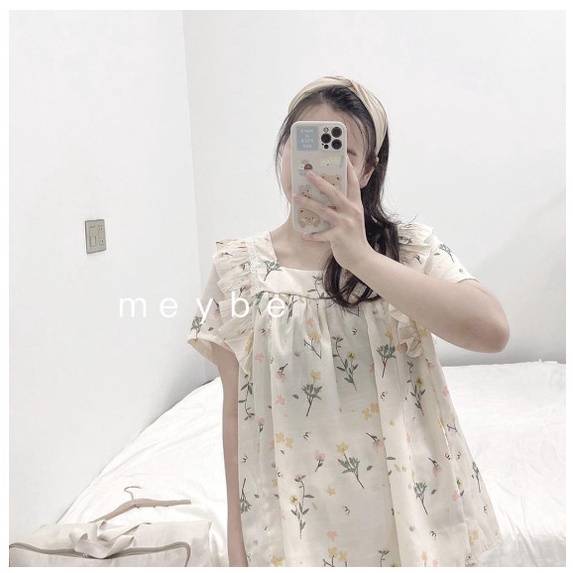 Bộ bầu sau sinh hoa nhí _Bộ Đũi Lanh cộc tay mùa hè có chun chỉnh tiện lợi có khóa mở ngực cho bé ti .