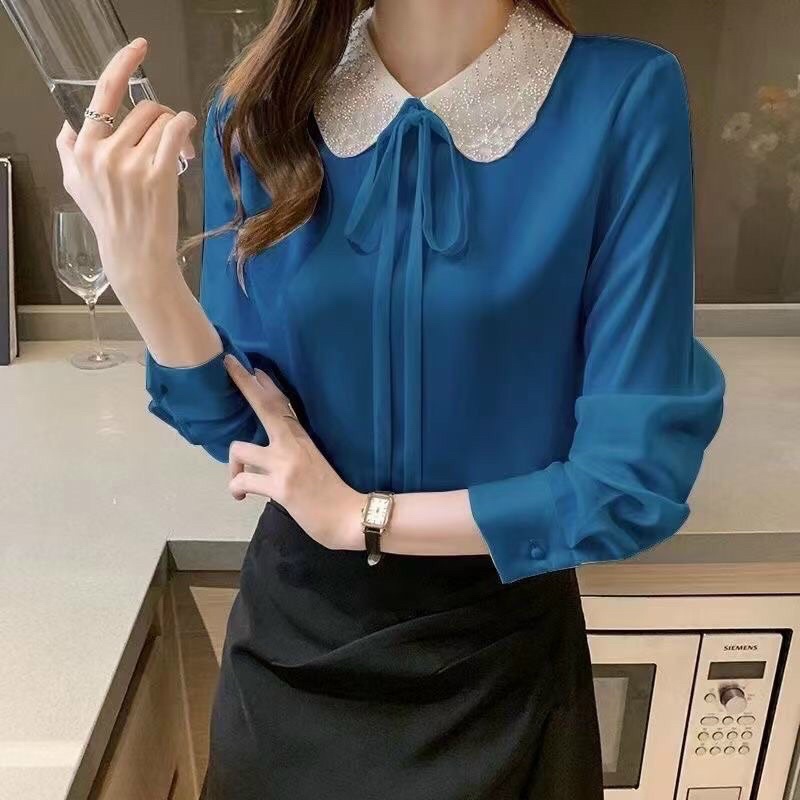 Áo Sơ Mi Công Sở Nữ Kiểu Hàn Quốc Cổ Sen Thêu Đá Kèm Nơ Cực Phẩm