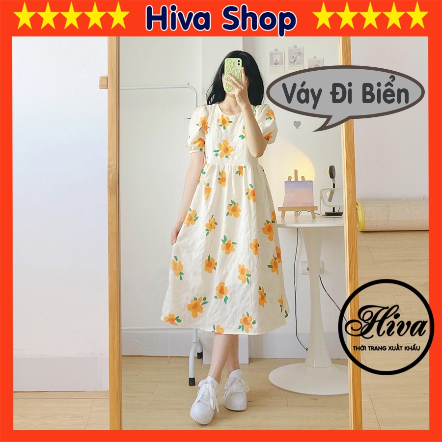 Đầm babydoll hoa cam nhí đi du lịch biển body tay ngắn ulzzang , Váy nữ vintage thiết kế dự tiệc