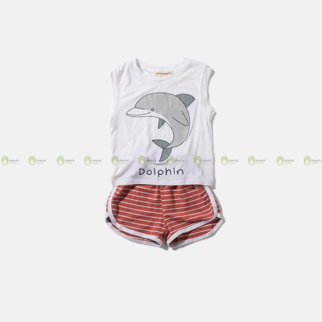 Đồ Bộ Bé Gái, Bé Trai Minky Mom Vải Thun Lạnh Hoạ Tiết Cá Heo Trắng Quần Kẻ, Bộ Ba Lỗ Cho Bé Mặc Hè MKM3LO2212