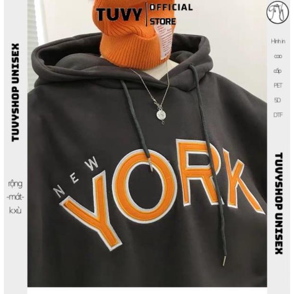 Áo Hoodie Nữ TUVY Áo Hoodie Vải Nỉ Lót Bông Dày Dặn Thêu York Unisex Form Rộng