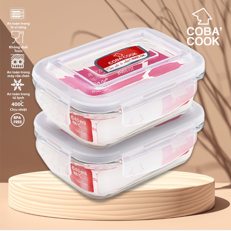Bộ 2 hộp thủy tinh đựng thực phẩm chịu nhiệt COBA'COOK hình chữ nhật dung tích 640ml -CCL62
