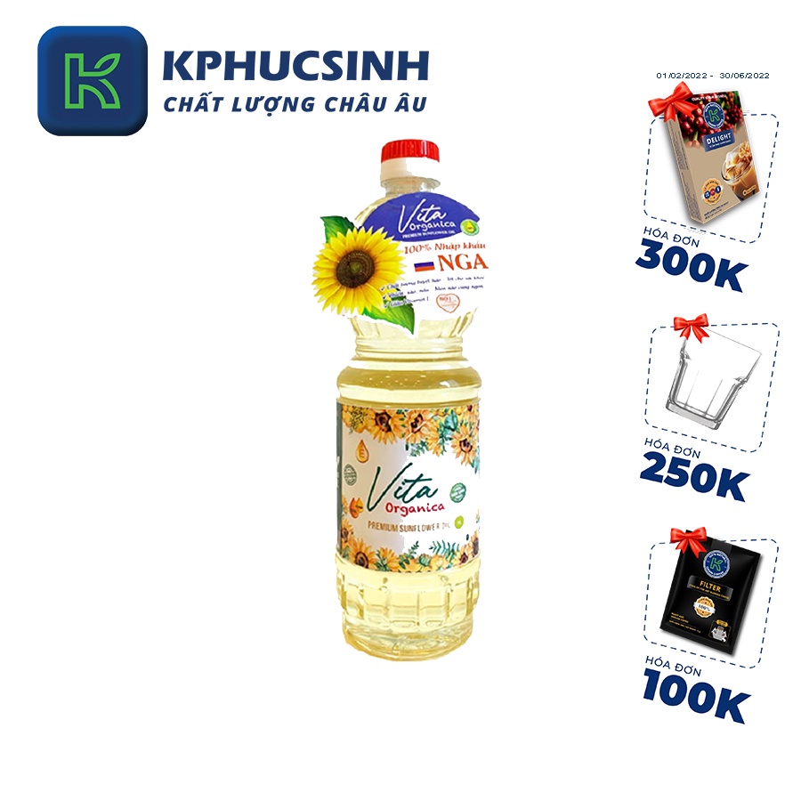 Dầu Ăn Hướng Dương Vita Organica Loại Premium 1L - Hàng Nhập Khẩu Nga (Russia) KPHUCSINH - Hàng Chính Hãng