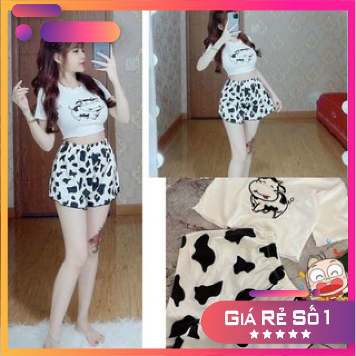 Bộ Áo Croptop Bò Sữa Quần Đùi 🦋 Set Áo Thun Bò Sữa Cộc Tay Kèm Quần Hình Hot 🦋