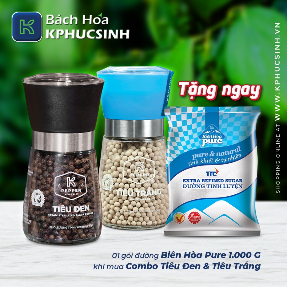 [Tặng 1 Kg Đường Cao Cấp] - Combo 2 Hũ Tiêu Đen 90g Và Tiêu Trắng 90g Kèm Cối Xay