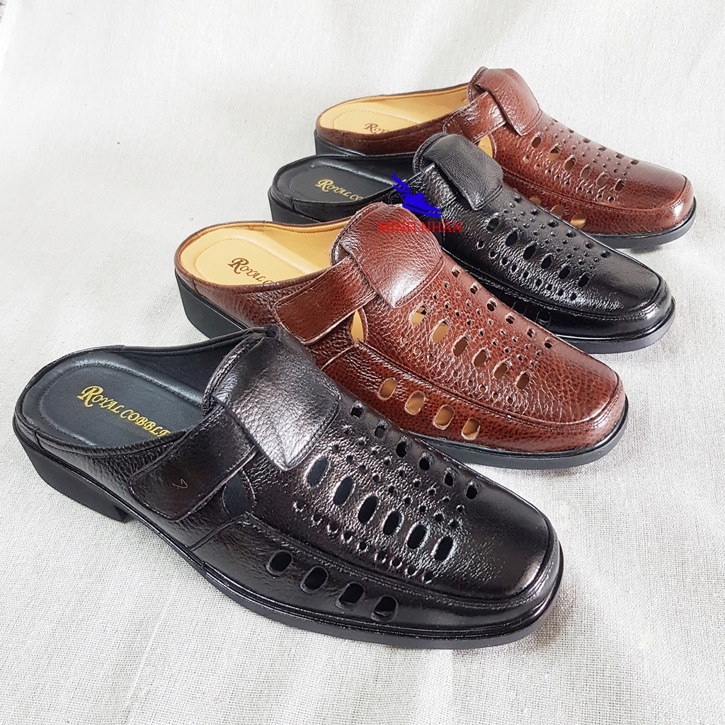 Giày Sục Nam Da Bò Dép SaBo Nam Bít Mũi có KHÂU ĐẾ Rọ nam đục lỗ mùa hè thoáng khí R-1 màu nâu