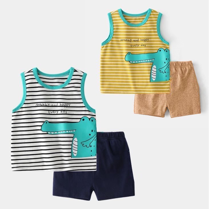 Bộ quần áo ba lỗ kẻ hình cá sấu cho bé trai chất cotton đũi từ 8-18kg