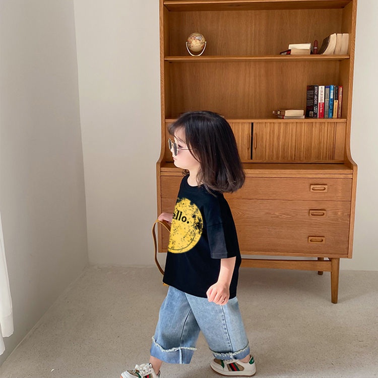 Áo Thun Cotton Ngắn Tay Màu Trơn Họa Tiết In Cho Bé Gái