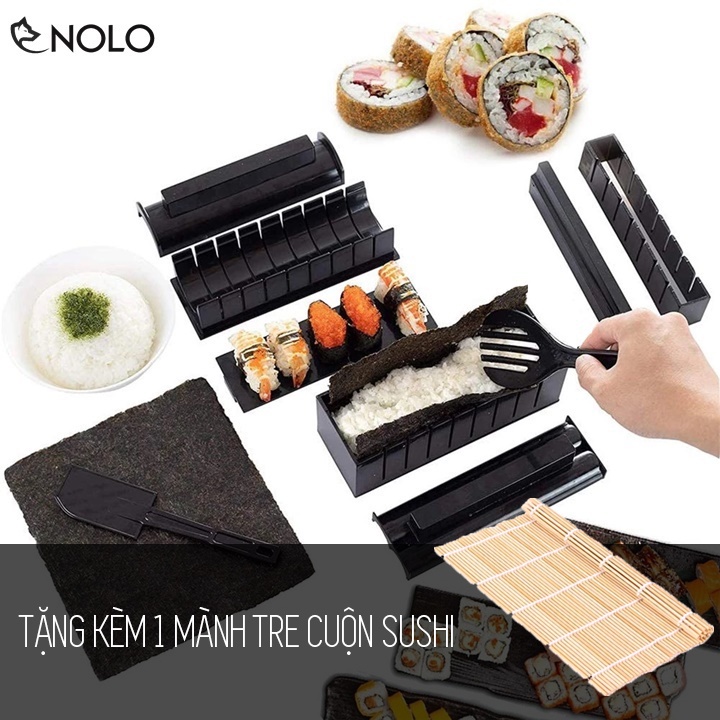Bộ Dụng Cụ Khuôn Làm Sushi Cơm Cuộn Kimbap 10 Chi Tiết Chất Liệu Nhựa PP Tặng Kèm 1 Mành Tre Cuộn Sushi