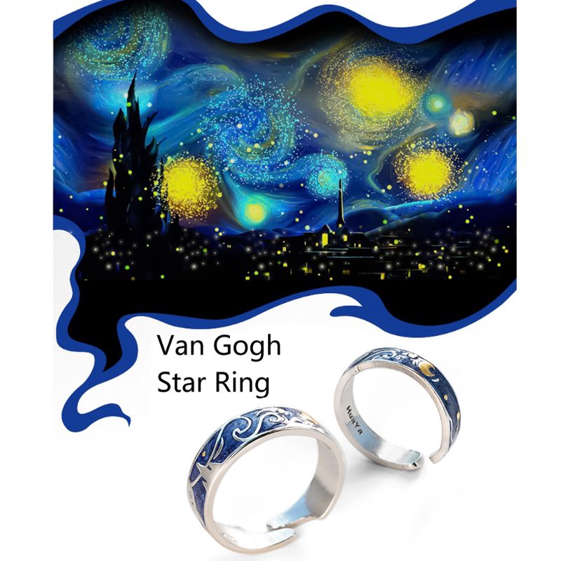 ❀AUTU 925 Silver Plated Van Gogh Starry Sky Open Lover Rings Band Romantic Jewelry