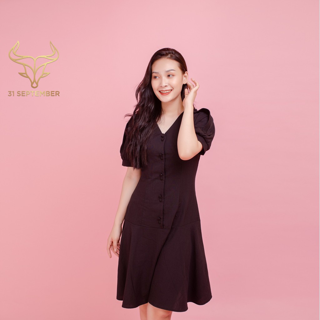 Váy đũi cổ chữ V dáng xòe phối cúc siêu xinh 31 SEPTEMBER S008