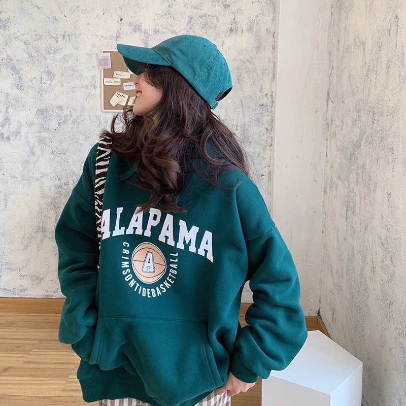 Áo Hoodie Form Rộng Unisex Tay Bồng Nam Nữ IN chữ ALABAMA màu xanh lá, Áo khoác Sweater Chất Nỉ Dày dặn ulzzang