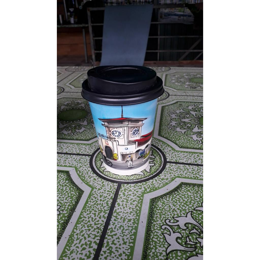 Ly giấy 360ml - 14oz mẫu Chợ Bến Thành, Set 100 cái kèm nắp