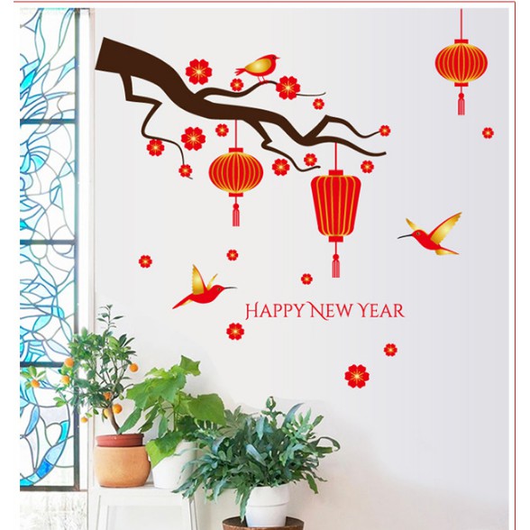 Decal trang trí Tết - Cành Mai Đỏ cùng Chim và lồng đèn đỏ