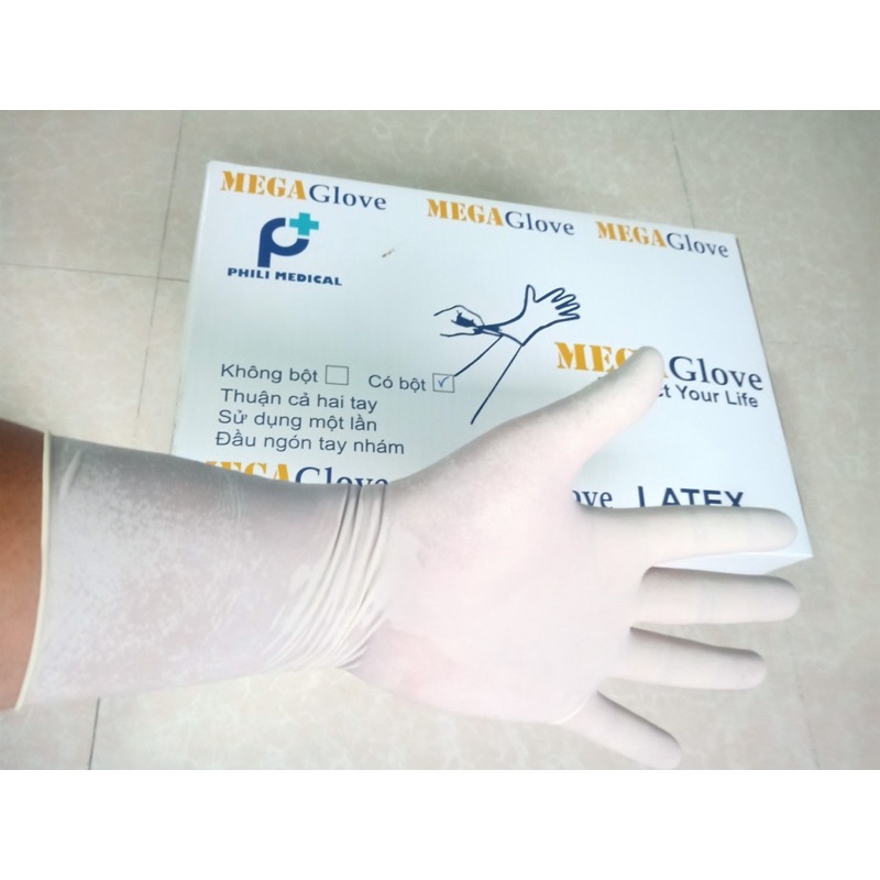 01 ki-lô-gam (tay dài ) găng tay ( loại tay dày và dài nhất) y tế Latex có bột và không bột loại dày 0.11 MM , dài 29 cm