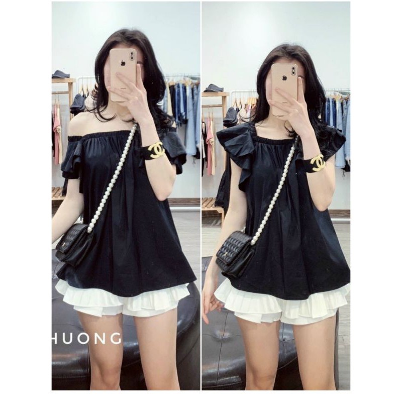 Áo trễ vai suông lụa siêu xinh ❤Free Ship❤Áo sơmi bẹt vai mặc được 2 kiểu